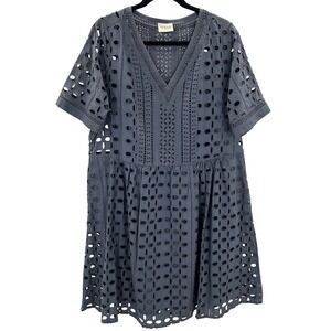 NWT Wrap London Cotton Eyelet Lace V-Neck Mini Dress Blue Grey Womens Size 12
